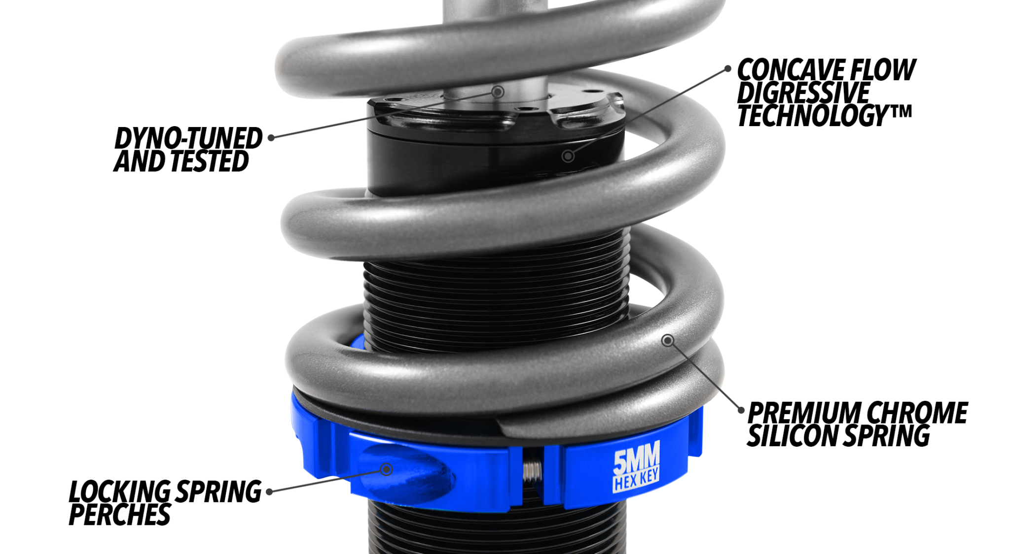 dyno tested coilovers with primum springs locking perches and flow digressive technology